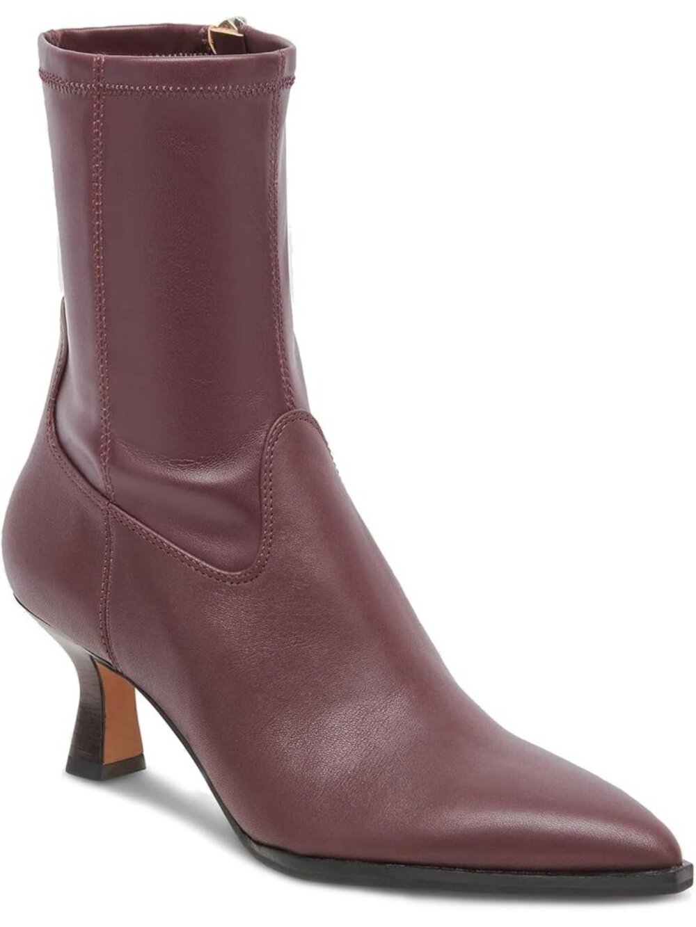 Women's Burgundy Pointy Toe Stacked Kitten Heels Side Zipper Short Ankle Boot